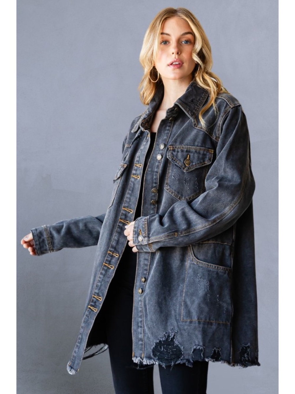Denim Distressed Oversized Black Jacket- NWOT - Picture 3 of 6